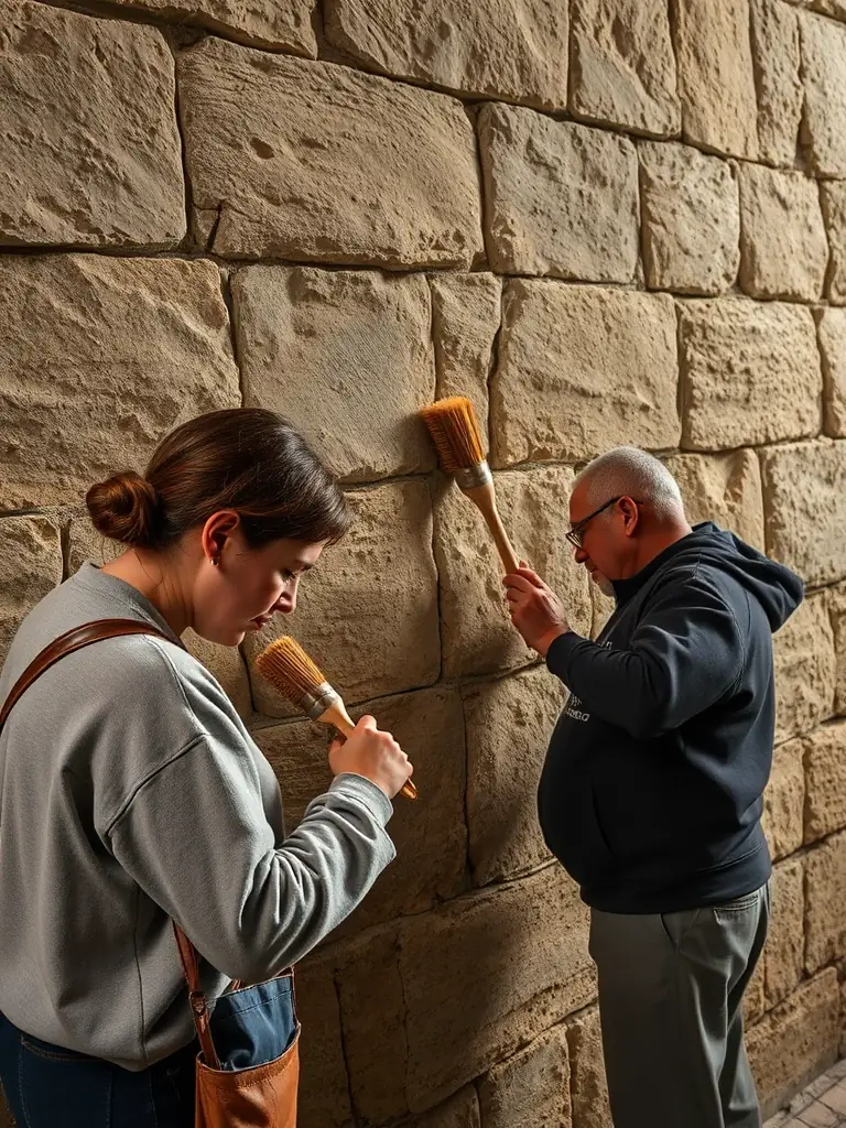 A photograph depicting volunteers cleaning and restoring a section of the Église de la Trinité La Palud, showcasing the hands-on aspect of the heritage restoration program.