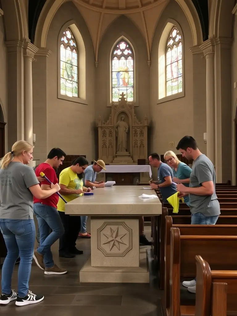 A photograph capturing volunteers cleaning and restoring a section of the Église de la Trinité La Palud, showcasing community involvement in heritage preservation.
