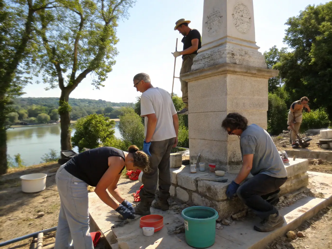A photograph depicting volunteers working on the restoration of a historical mural inside the Église de la Trinité La Palud, showcasing the meticulous work and dedication involved in preserving the church's artistic heritage.