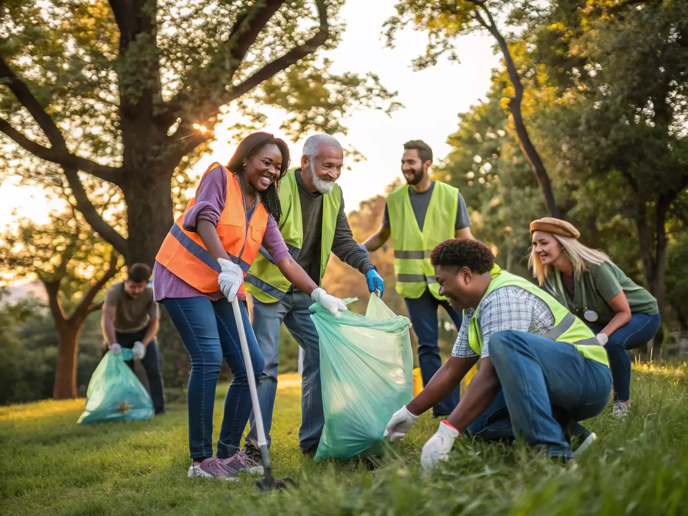 Volunteers working together to clean and maintain the grounds surrounding the Église de la Trinité La Palud, demonstrating community spirit and dedication.