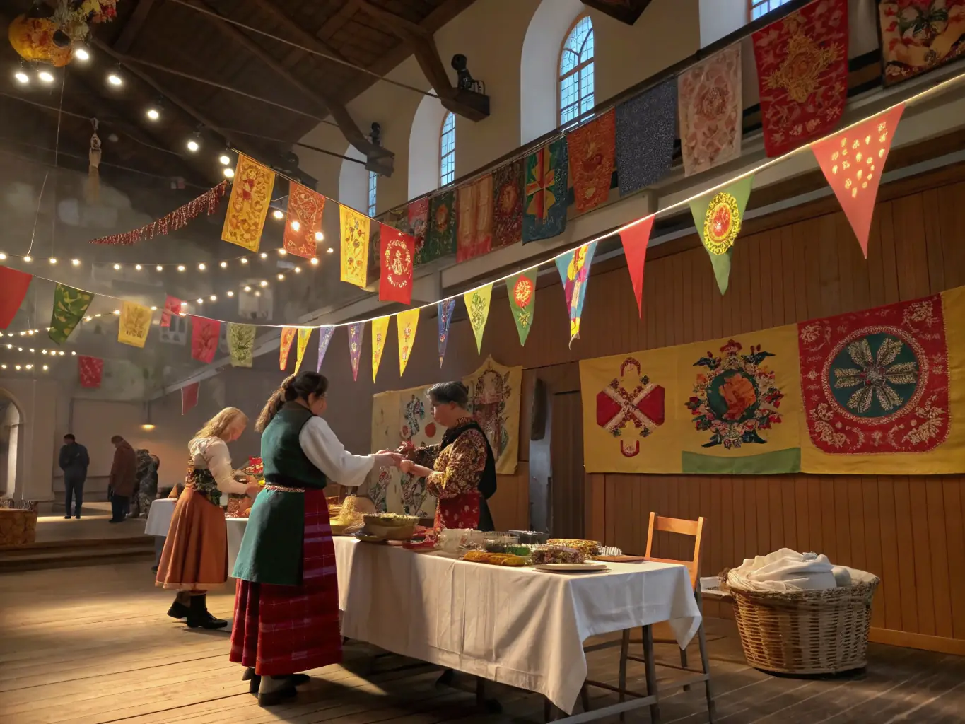 A vibrant image capturing a community event held at the Église de la Trinité La Palud, featuring local residents participating in a cultural workshop focused on the history and significance of the church.