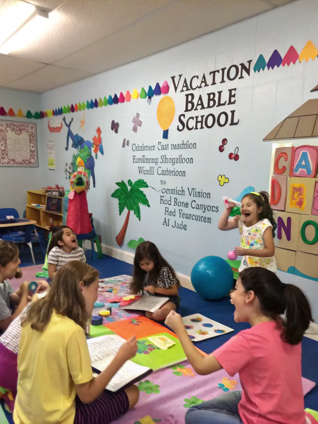 A vibrant image of children participating in a guided tour of the Église de la Trinité La Palud, learning about its history and architectural significance.