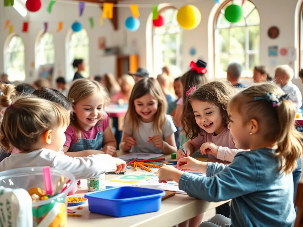 A photograph of children participating in an educational program at the Église de la Trinité La Palud, learning about the church's history and architectural details through interactive activities and guided tours.