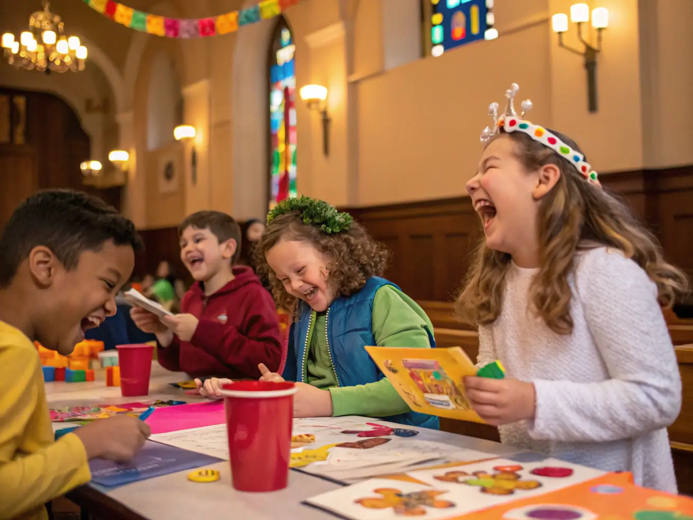 A group of children participating in a guided tour of the Église de la Trinité La Palud, listening attentively to a guide pointing out historical features.